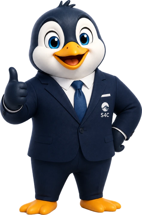 S4C penguin mascot in a professional suit